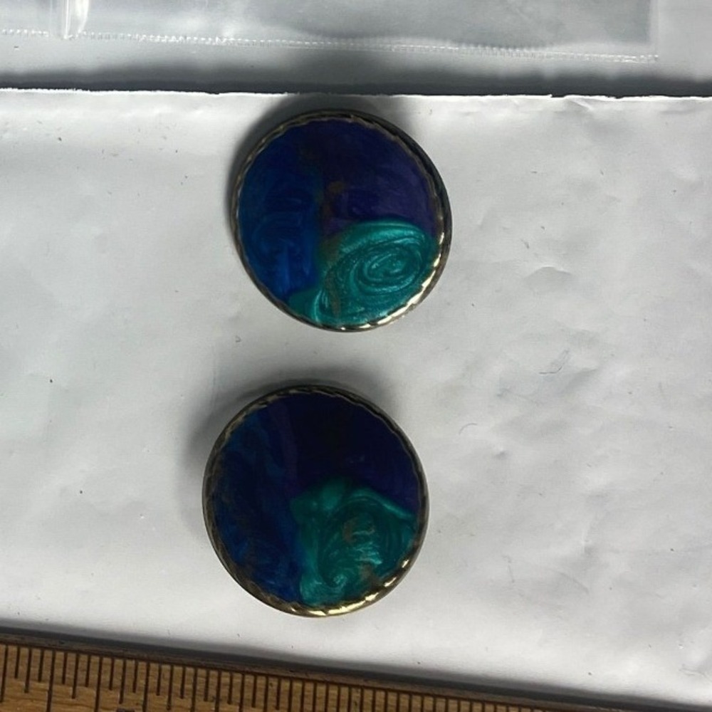 Round Enamel Swirl Design Stud Earrings‎ Blue Green Gold Tone Women